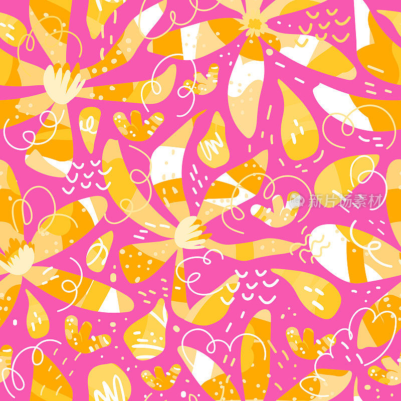 Trendy floral clematis pattern in white, pink and yellow colors. Hand drawn spring flowers modern background for fashion print, clothes, textile, home décor